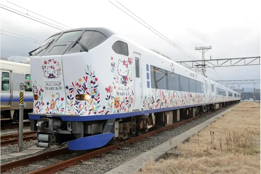 키티 캐릭터로 랩핑된  JR하루카 열차 