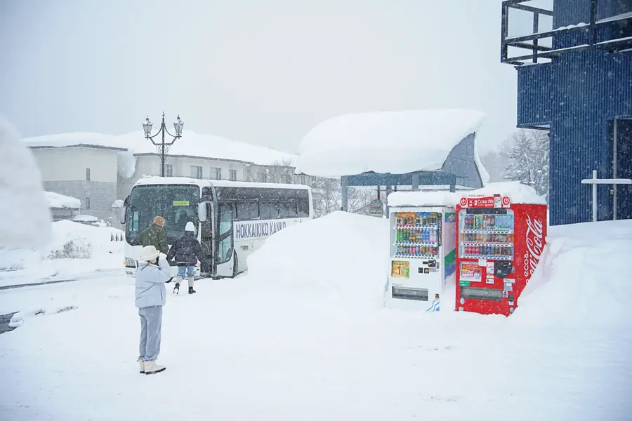 눈 쌓인 비에이에서 사진찍는 여성과 비에이 투어 버스